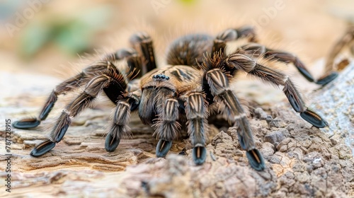 Detailed macro capture of a tarantula in its natural habitat, showcasing intricate spider features