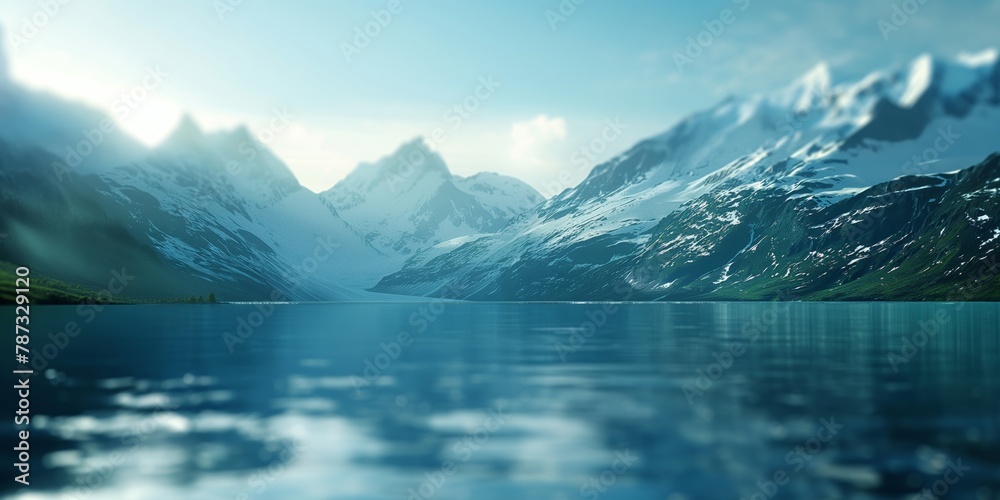 Breathtaking mountain scenery with a calm lake reflecting snow-capped peaks under a clear blue sky, conveying a sense of peace and grandeur