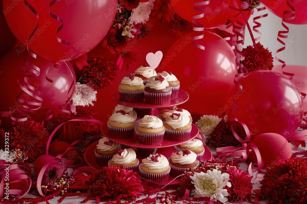 Red decorations, flowers, sprinkles and cupcakes for Valentines day