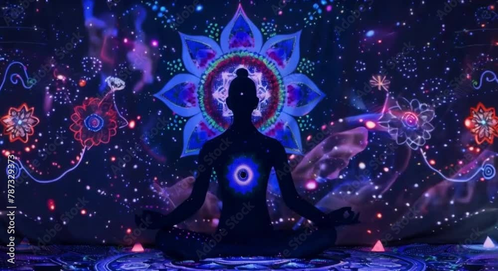 Silhouette of Person Meditating with Glowing Chakra and Mandala Projection