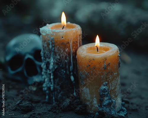 Candles with Skull in a Mysterious Dark Setting