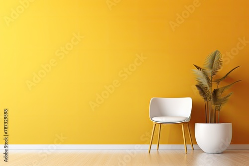 Modern Home Interior Design with Chair and House Plant Tree Bathed in Sunlight, Yellow Wall Gradient Background