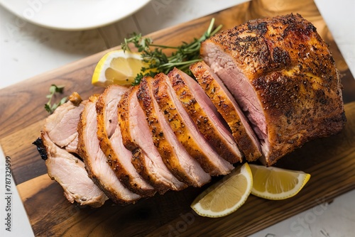 Roasted pork loin with dry rub sliced on a plate overhead view photo