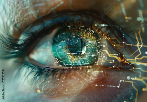 Close up of human eye with circuit board reflection