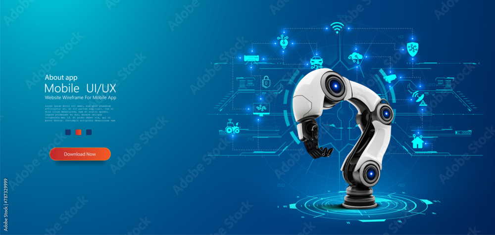 Robotic Arm in Digital Interface Environment: Smart Industry Concept. Sophisticated robotic arm is central in a virtual blueprint interface, symbolizing high-tech automation and AI in modern industry. - obrazy, fototapety, plakaty 