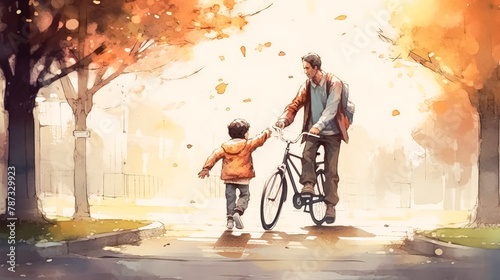 A man is holding a child's hand while riding a bicycle.