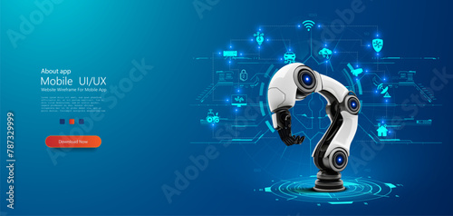 Robotic Arm in Digital Interface Environment: Smart Industry Concept. Sophisticated robotic arm is central in a virtual blueprint interface, symbolizing high-tech automation and AI in modern industry.