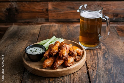 Spicy chicken wings with ranch and celery sticks and a beer pitcher