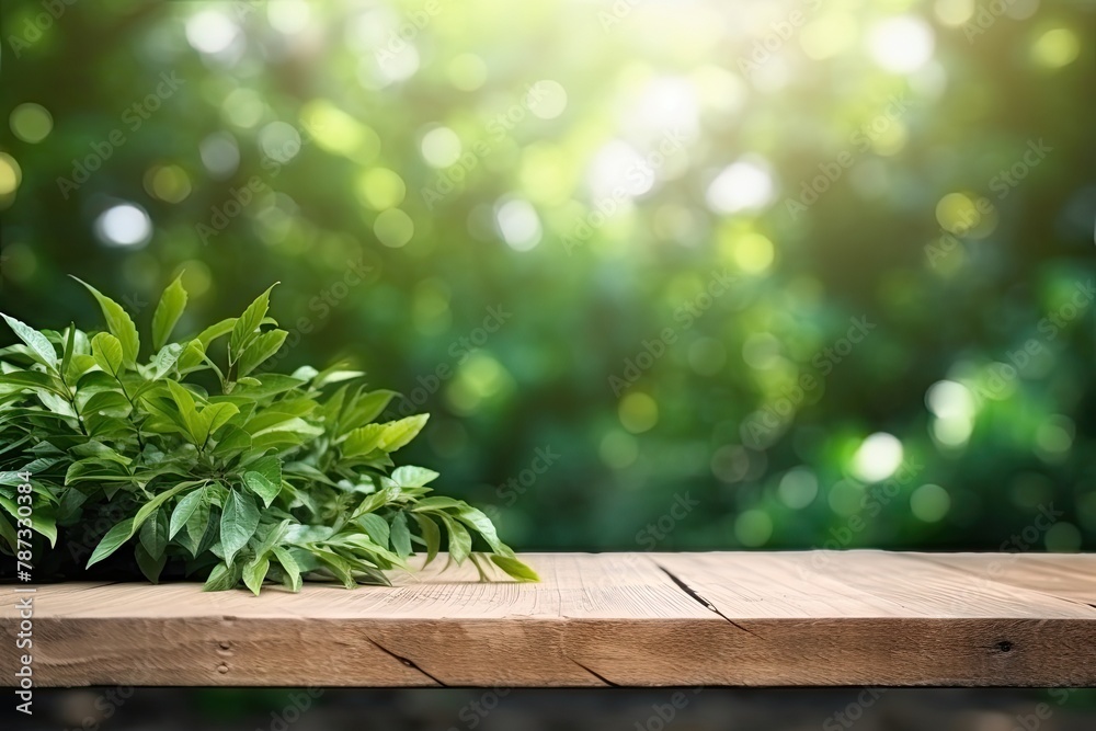 Blank wooden table with a background of spring nature and tree branches with green leaves, for product display Blank wooden table with a background of spring nature and tree branches with green leaves, for product display