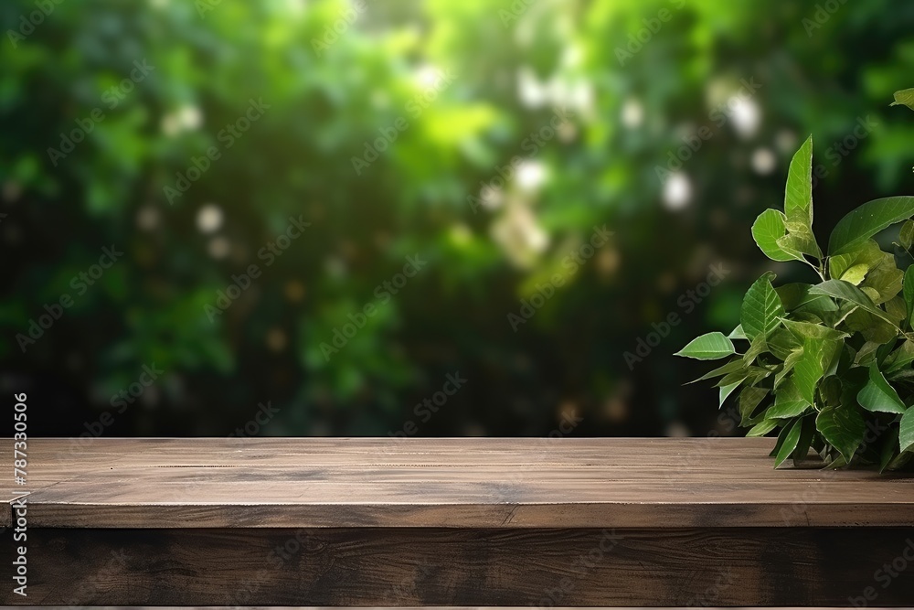 Blank wooden table with a background of spring nature and tree branches with green leaves, for product display Blank wooden table with a background of spring nature and tree branches with green leaves, for product display