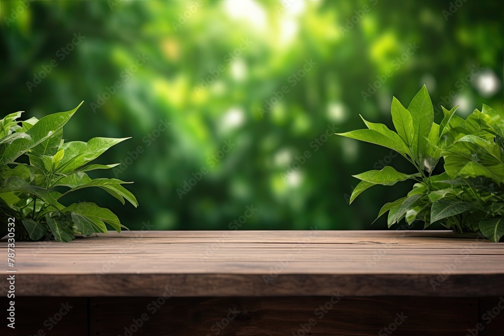Blank wooden table with a background of spring nature and tree branches with green leaves, for product display Blank wooden table with a background of spring nature and tree branches with green leaves, for product display