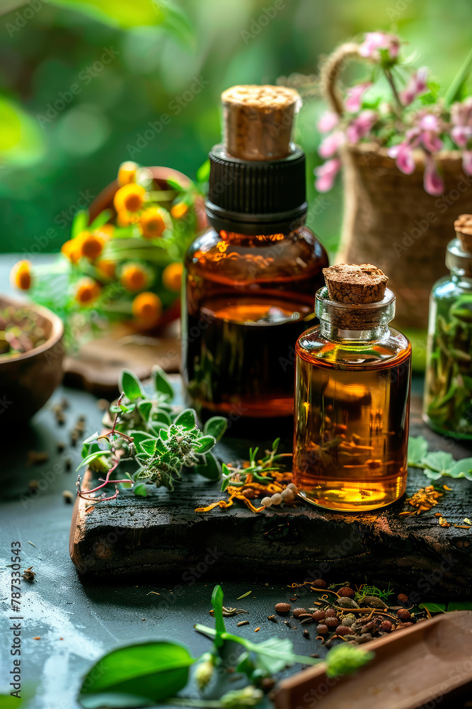 tinctures of flowers and herbs in a bottle. selective focus. tinctures of flowers and herbs in a bottle. selective focus.