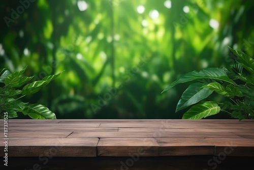 Blank wooden table with a background of spring nature and tree branches with green leaves  for product display