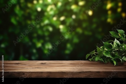 Blank wooden table with a background of spring nature and tree branches with green leaves  for product display