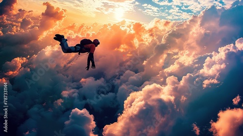 A skydiver free falls with parachuting equipment and equipment at sunset. extreme sports lifestyle with beautiful sunset sky clouds background photo