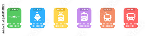 Set of color tickets for public transport vector. Payment cards in transport Travel tickets for, plane, train, bus, ship. Black icons of tourist tickets for pass transport. Ticket booking for tourism.
