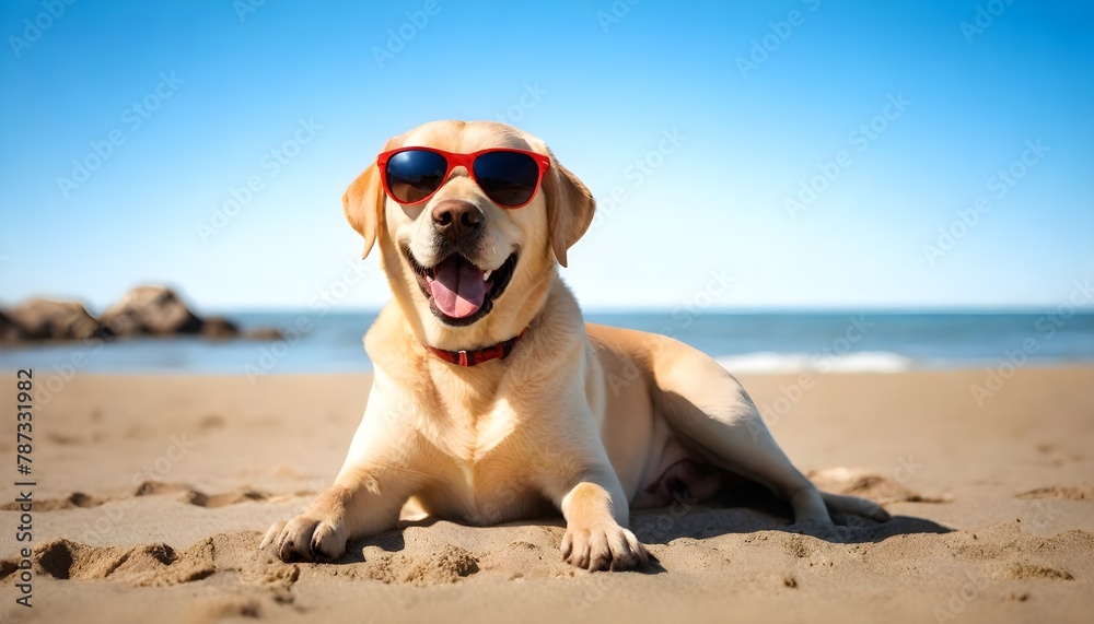 A happy Labrador with sunglasses under the sun-kissed California beach.