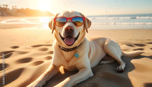 A happy Labrador with sunglasses under the sun-kissed California beach. © M