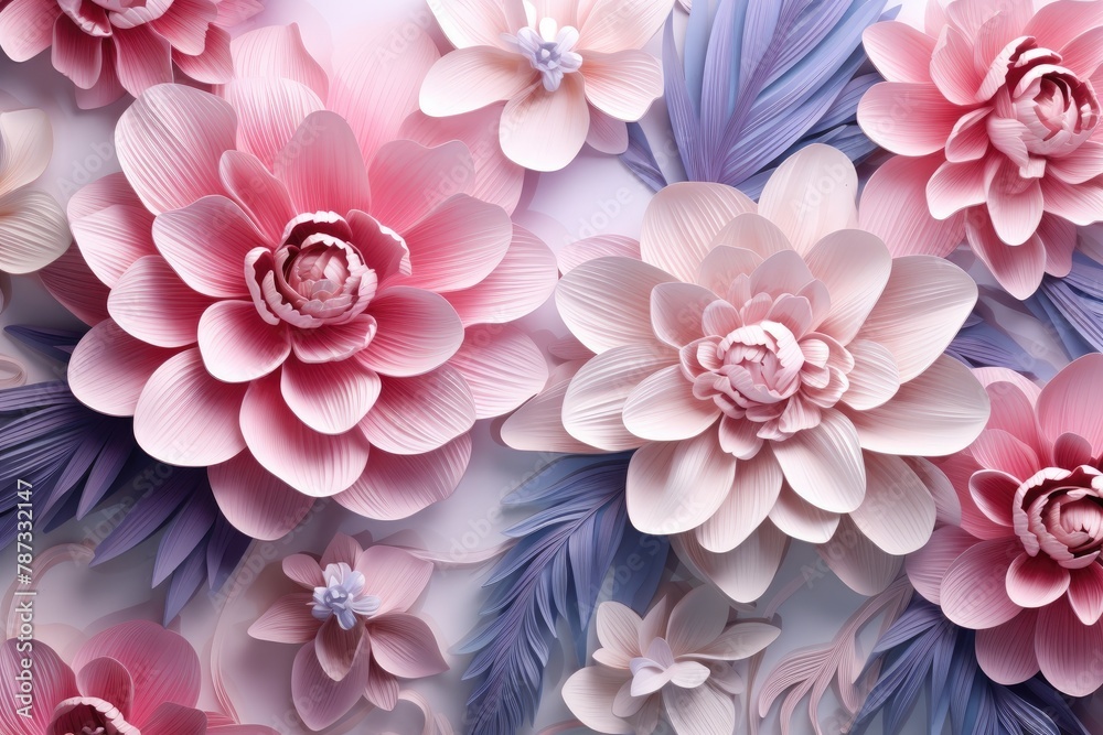 Obraz premium 3D Illustration Papercraft Watercolor Art of Pink and White Flower Bouquet with Leaves, Luxurious Floral Background