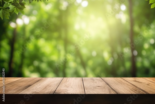 Blank Platform  Brown Wooden Table with Spring Leaves Green Nature Blur Background