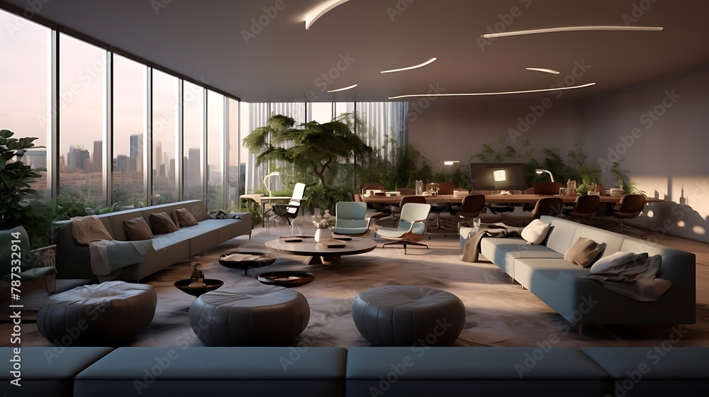 an AI-based visualization of a company meeting room, highlighting a sophisticated 4D view and an inviting grey L-shaped sofa