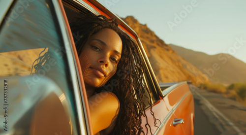 In a chicano-inspired scene, a black woman's playful movement and romantic gestures are captured up close in an auto amidst mountains, pop art influences evident. AI generative magic. photo