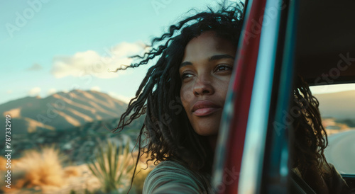 Experience candid moments with a black woman in an auto, her long hair flowing, against a mountain backdrop in red and gold hues. AI generative technology adds depth. photo
