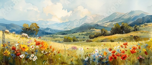 Fototapeta Naklejka Na Ścianę i Meble -  Watercolor painting of a rolling meadow dotted with wildflowers and grazing sheep, sense of tranquility , high-resolution