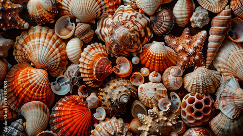 many different beautiful shells. selective focus.