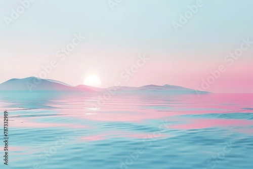 A serene pink and blue sunset over calm waters with distant hills.