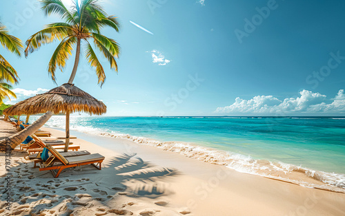 Summer background, Palm tree on tropical beach with blue sky and white clouds abstract background © sanjit536