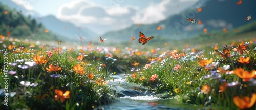 A field of wildflowers teeming with butterflies, with a gentle stream flowing through it, creating a calming soundscape , 3D style