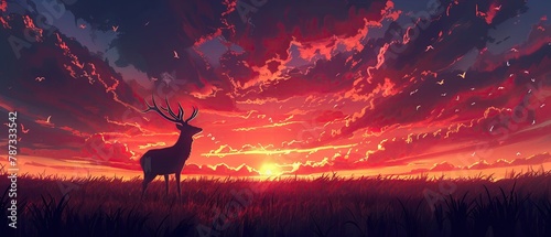 A peaceful meadow at sunset, with a deer silhouetted against the vibrant sky, accompanied by the sound of crickets chirping , high-resolution photo