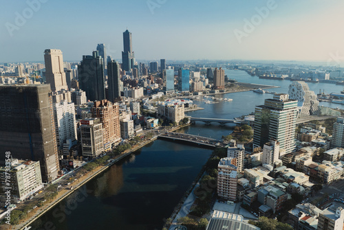 Aerial view Kaohsiung city with blue sky background and Kaohsiung harbor, Taiwan. photo