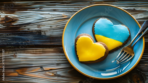 Plate with Two Heart shape ukrainian colours blue and yellow national flag gingerbread cookies on table Flat lay copy space : Generative AI photo