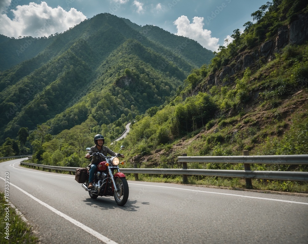 Motorcyclist riding his motorcycle on the road in the mountains.