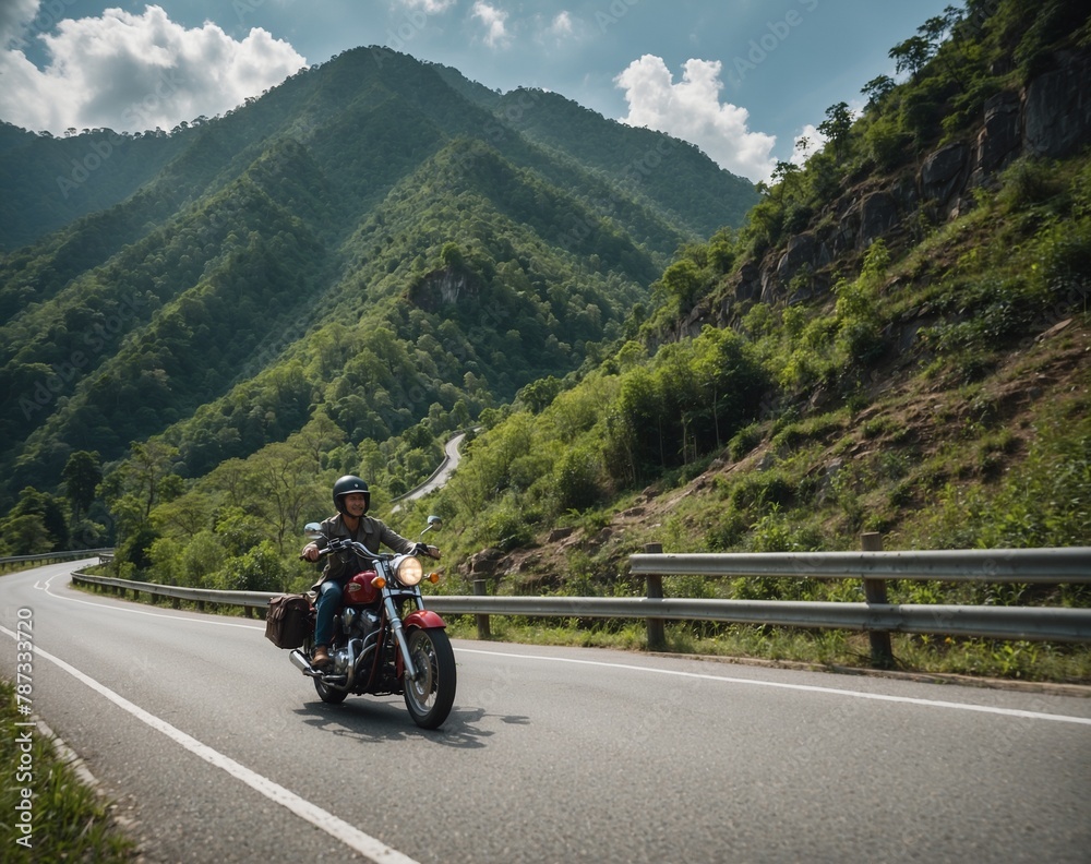 Motorcyclist riding his motorcycle on the road in the mountains. Motorcyclist riding his motorcycle on the road in the mountains.