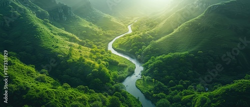 Aerial view of a winding river snaking through a lush green canyon, sunlight dappling through the trees , ultra HD