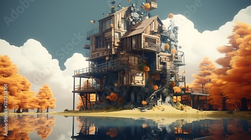 an image of a house in a virtual world, where AI-generated painters experiment with new forms and structures, defying conventional architecture