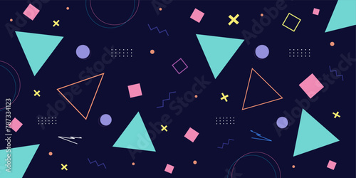 Dark geometric background. Memphis style shapes. Retro 90s, 80s trend design. Vector illustration.