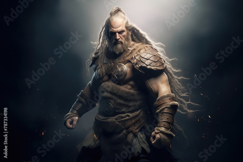 Athletic brutal male barbarian in dark fantasy atmosphere. Mystical cover concept