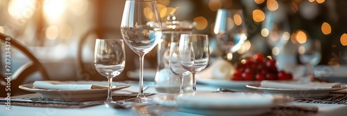 Elegant luxury table setting with fancy glassware in restaurant