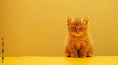 Fun  orange Kitten Exotic Shorthair against a yellow  background,  Close up cute baby cat. Greeting card, banner, poster. With free place for text. Veterinary clinic,  pet shop.