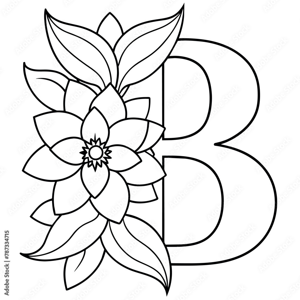 Fototapeta premium Alphabet B coloring page with the flower, B letter digital outline floral coloring page, ABC coloring page