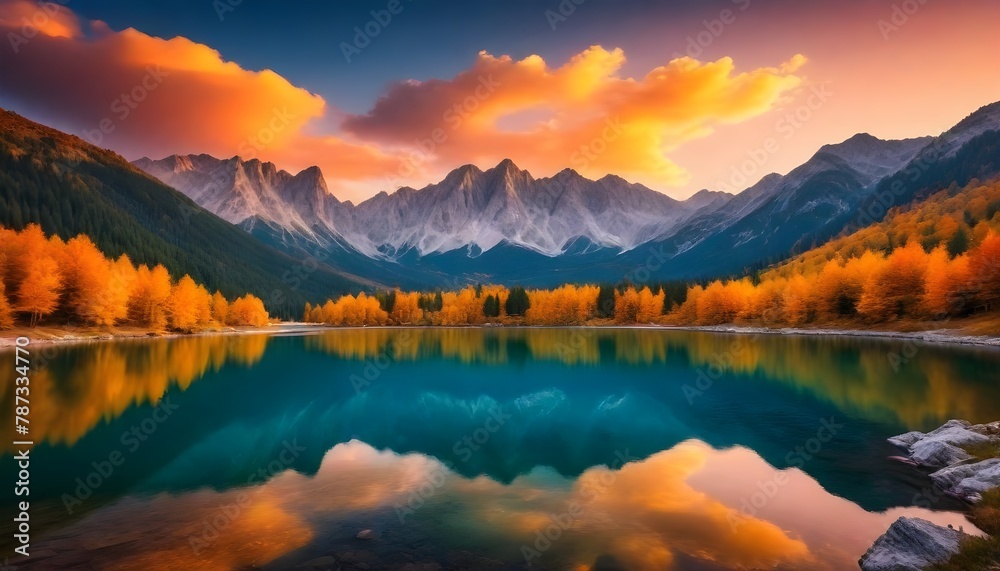 Majestic sunset of the mountains landscape. Wonderful Nature landscape during sunset. Beautiful colored trees over the Federa lake, glowing in sunlight. wonderful picturesque scene. color in nature