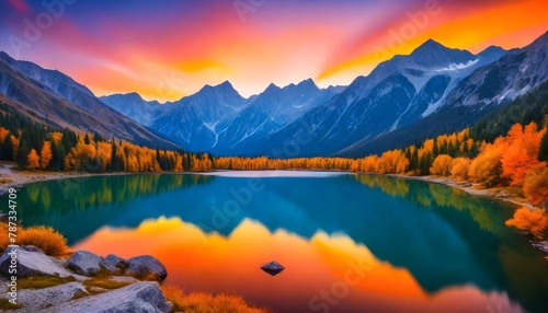 Majestic sunset of the mountains landscape. Wonderful Nature landscape during sunset. Beautiful colored trees over the Federa lake, glowing in sunlight. wonderful picturesque scene. color in nature © M