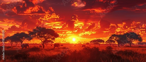 Fiery sunset over the African savanna, silhouetted acacia trees and a herd of elephants in the distance , 3D style