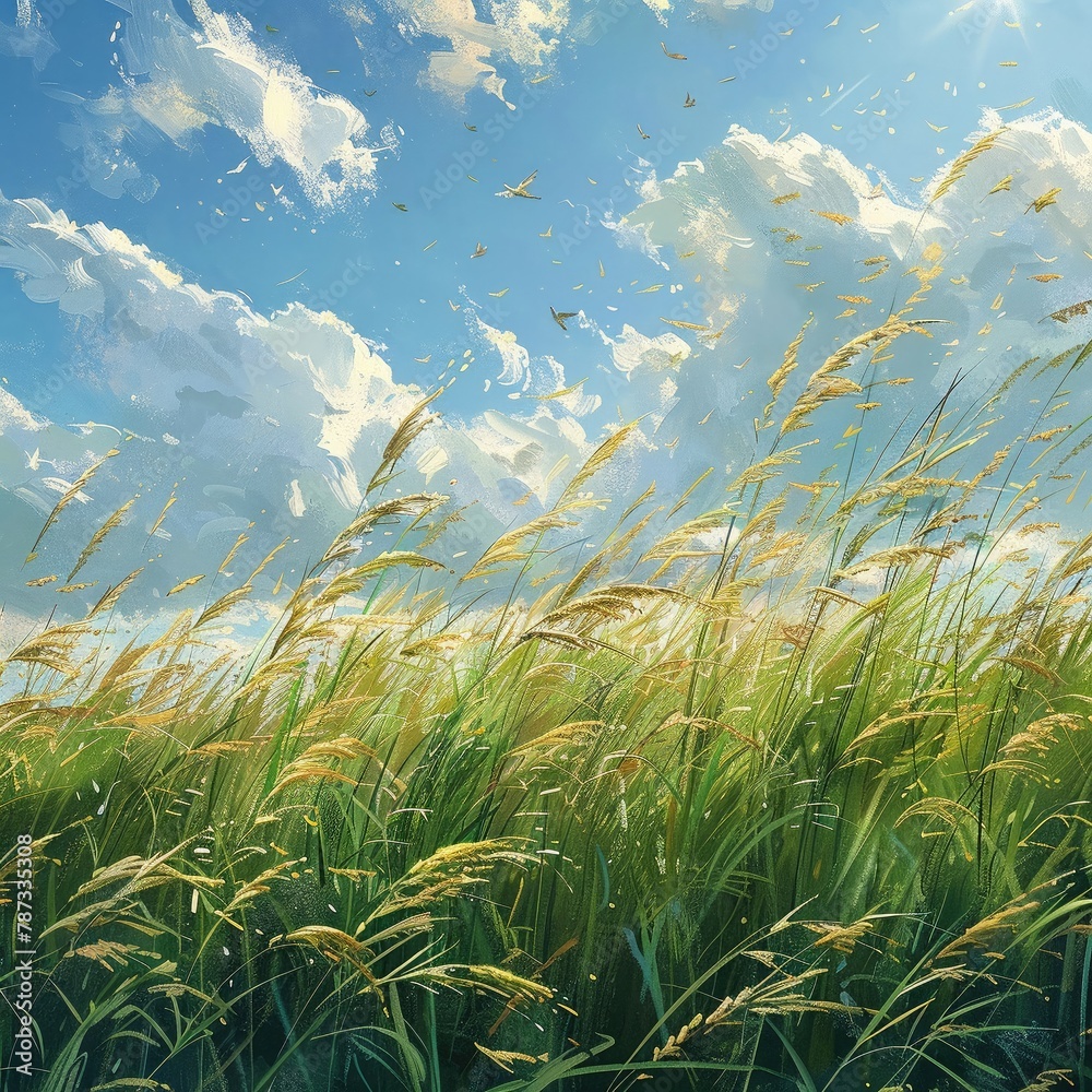 Gentle breeze rustling through tall grass in a meadow, with the distant chirping of birds , ultra HD