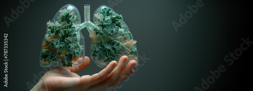 Human hand holding green transparent lungs, ecological concept, banner with copy space photo