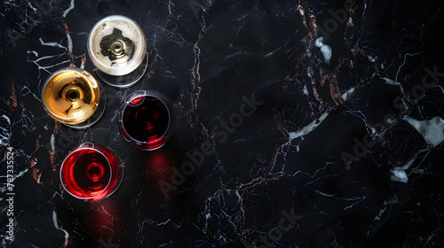 Glasses with red white and rose wine on black marble background View above Copy space : Generative AI